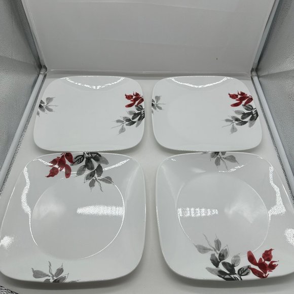 4 Corelle Kyoto Leaves Square Dinner Plate Plates 10 1/2" Red Gray Flowers - Picture 1 of 3